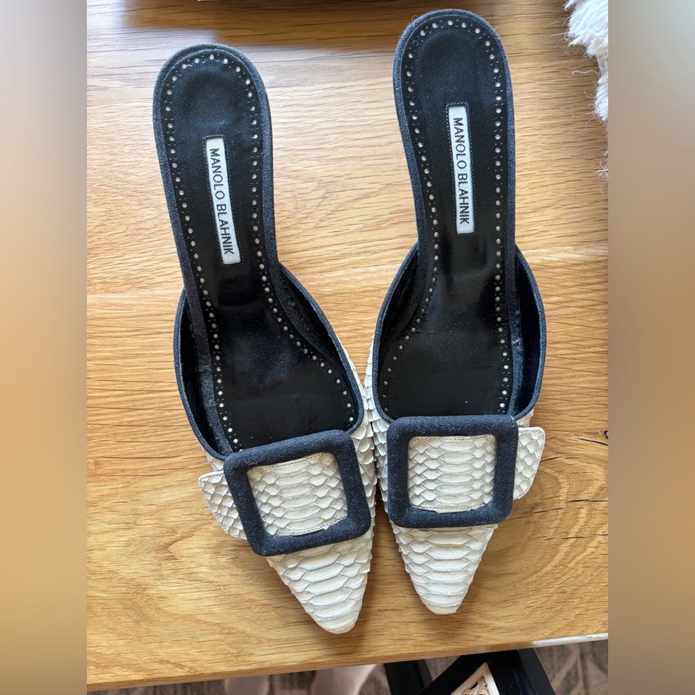 Manolo Blahnik Maysale python kitten heel mule